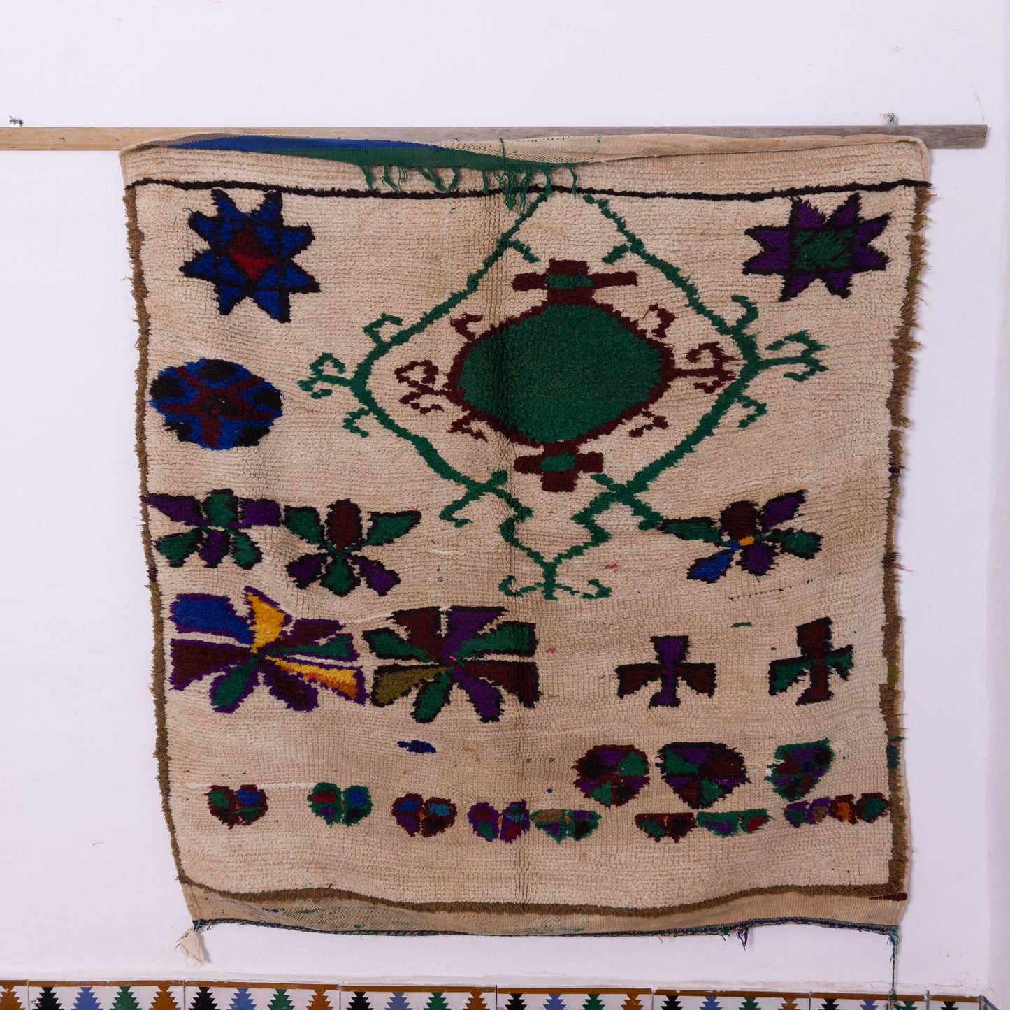 Vintage Azilal Wool Rug - Geometric Floral Fantasy - Handwoven Moroccan Art