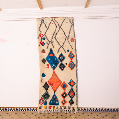 Handwoven Moroccan Runner Rug - Vibrant Geometric Design - Colorful Abstract Pattern in Orange, Blue, and Red