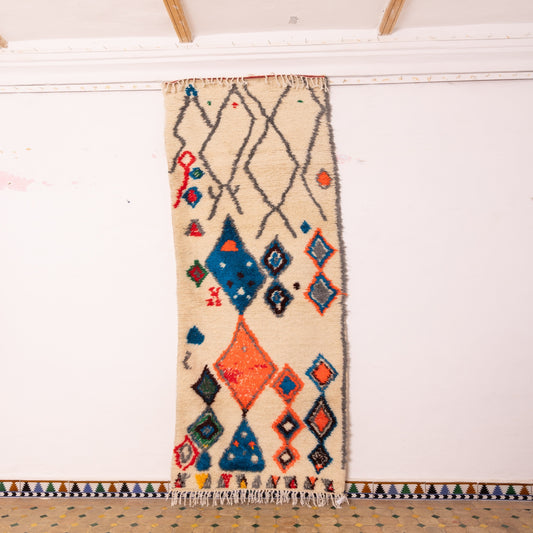Handwoven Moroccan Runner Rug - Vibrant Geometric Design - Colorful Abstract Pattern in Orange, Blue, and Red