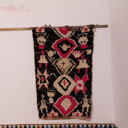 Vintage Moroccan Corridor Runner Rug - Handwoven Berber Tribal Carpet - Bold Magenta & Black - 80% Wool 20% Cotton - Unique Symbols & Figures