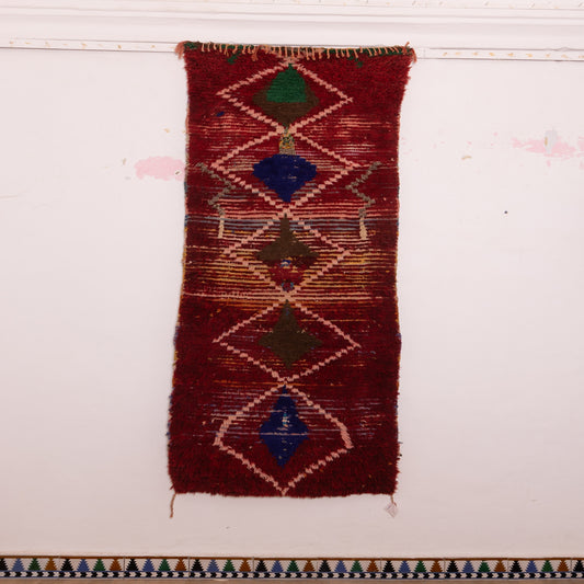 Vintage Moroccan Runner Rug - Deep Red Handwoven Wool with Diamond Tribal Motifs