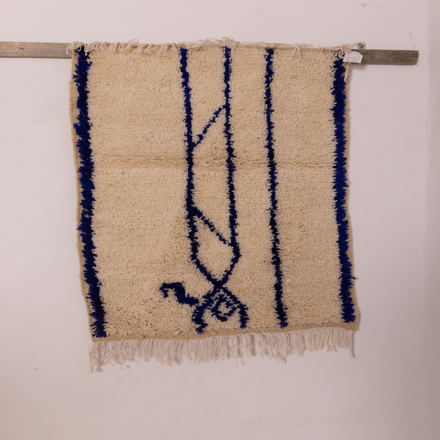 New Handmade Azilal Wool Rug - Abstract Blue Tribal Design on Cream - Moroccan Wall or Floor Decor