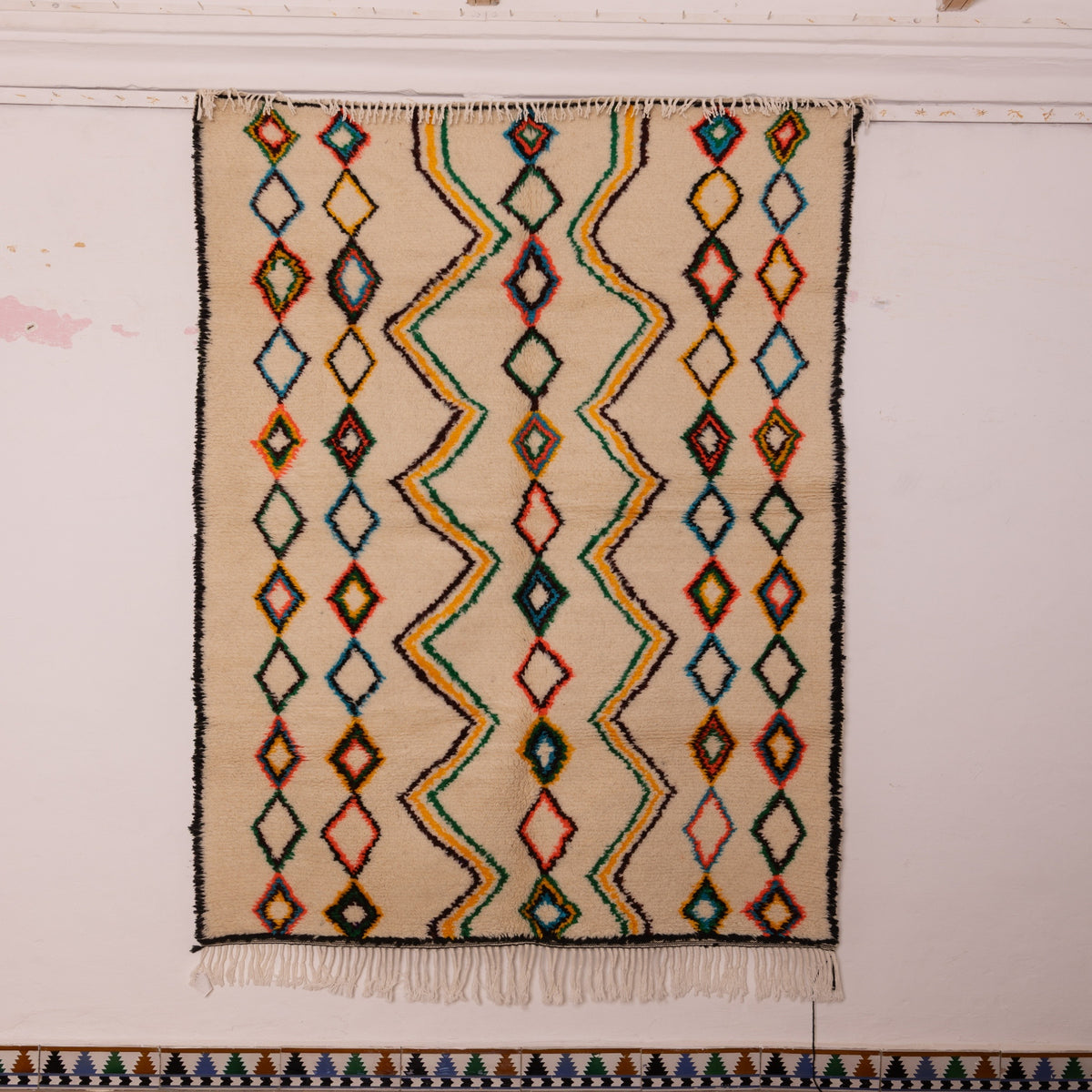 Colorful Diamond Azilal Rug - Handmade Moroccan Wool & Cotton Carpet - 80% Wool, 20% Cotton - Berber Geometric Runner