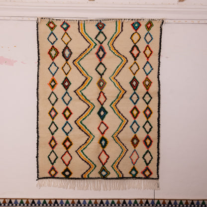 Colorful Diamond Azilal Rug - Handmade Moroccan Wool & Cotton Carpet - 80% Wool, 20% Cotton - Berber Geometric Runner