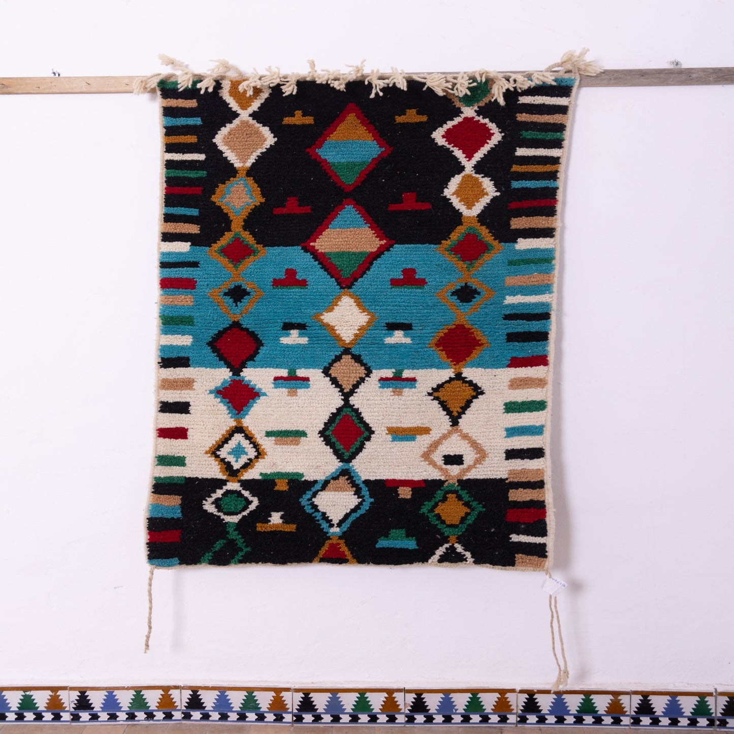 Totemic Diamond Boujad Rug – New Moroccan Wool Rug – Tribal Pattern in Black, Turquoise, Cream & Red – Handwoven Berber Wall Hanging