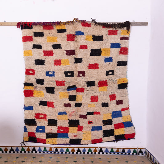 Vintage Azilal Wool Rug - Colorful Checkered Moroccan Berber Carpet - Handwoven 100% Wool Floor Art