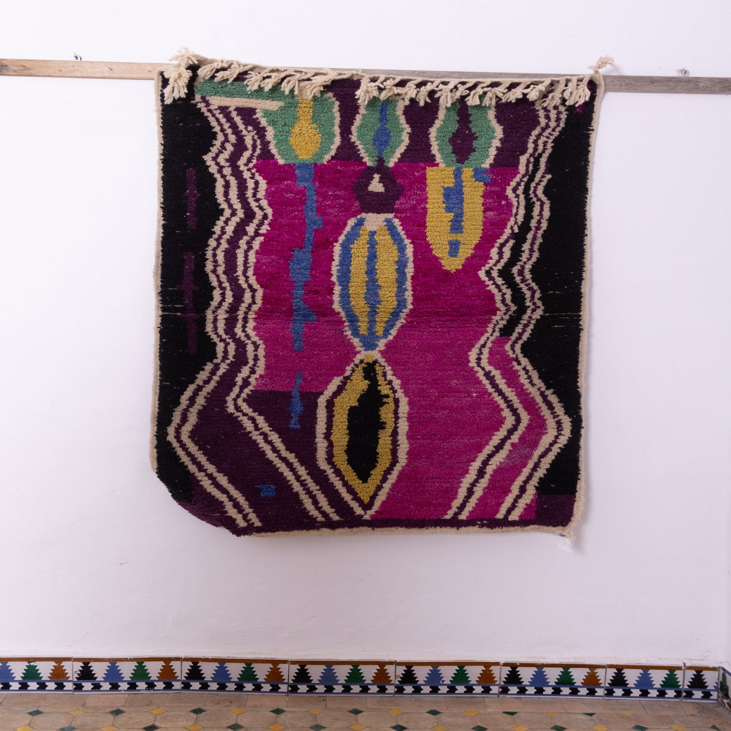 Magenta Zigzag Boujad Rug – New Moroccan Wool Rug – Bold Tribal Wall Art with Yellow, Teal & Black – Handmade Berber Tapestry Accent