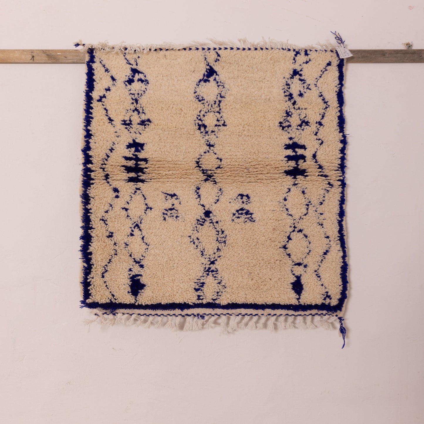 New Handmade Azilal Wool Rug - Abstract Blue Diamond Pattern on Cream - Moroccan Tribal Wall or Floor Decor