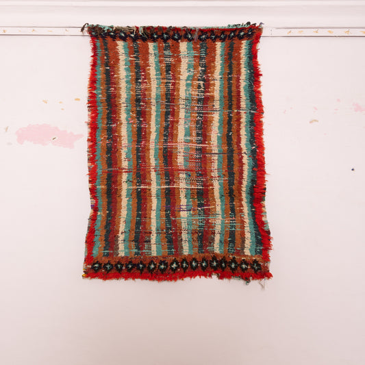 Vintage Moroccan Corridor Runner - Handwoven Striped Berber Rug - Earth Tones & Red Fringe