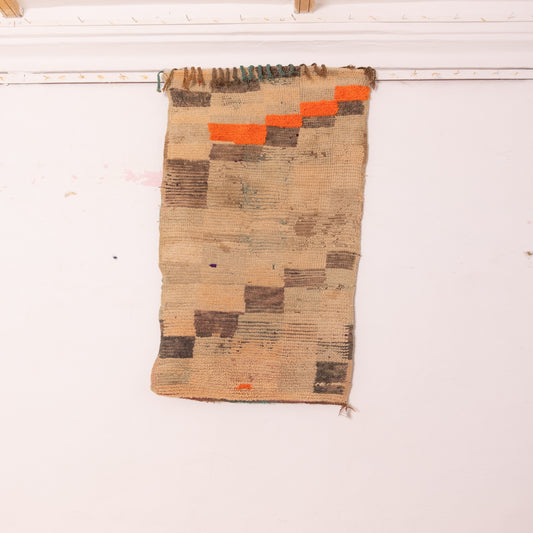 Vintage Moroccan Corridor Rug - Minimal Beige Wool Runner with Abstract Geometric Block Pattern - Handwoven Tribal Hallway Carpet