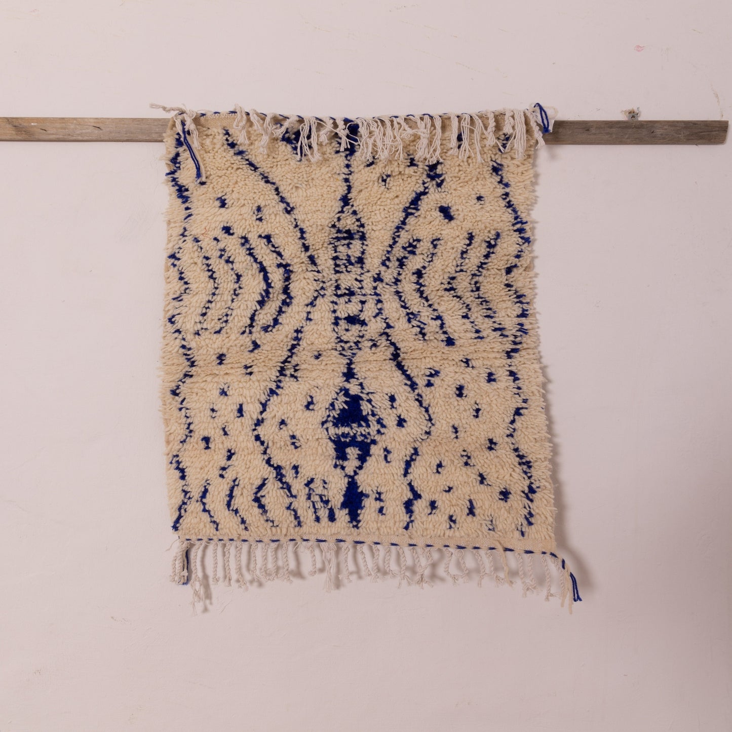 New Handmade Azilal Wool Rug - Blue Abstract Pattern on Cream - Moroccan Modern Decor