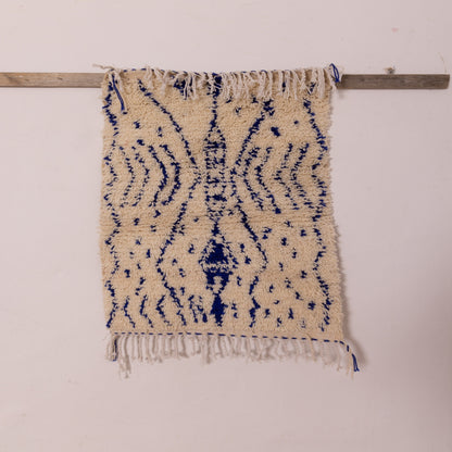 New Handmade Azilal Wool Rug - Blue Abstract Pattern on Cream - Moroccan Modern Decor