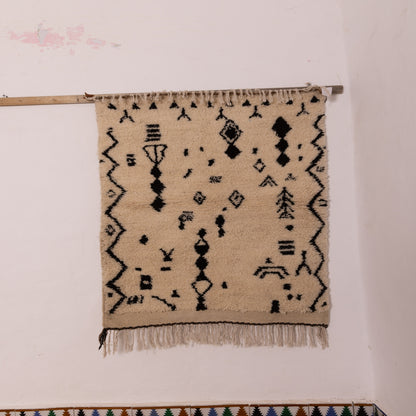 Tribal Black & White Moroccan Wool Rug - Handmade Berber Azilal Wall Hanging - Minimalist Ethnic Runner