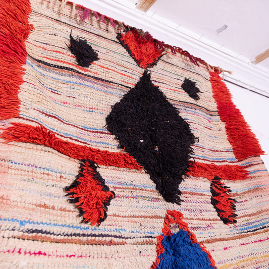 Vintage Bjaad Moroccan Rug – Handwoven Berber Carpet with Green & Yellow Tribal Motifs – Authentic Wool Home Decor