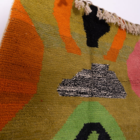 Sacred Portal Boujad Rug – New Moroccan Wool Rug – Green, Orange & Black Organic Abstract – Bold Handwoven Berber Wall Art or Accent Rug