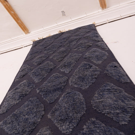 Moroccan Corridor Rug - Handwoven Runner - Dark Blue & Charcoal - Modern Berber Motif