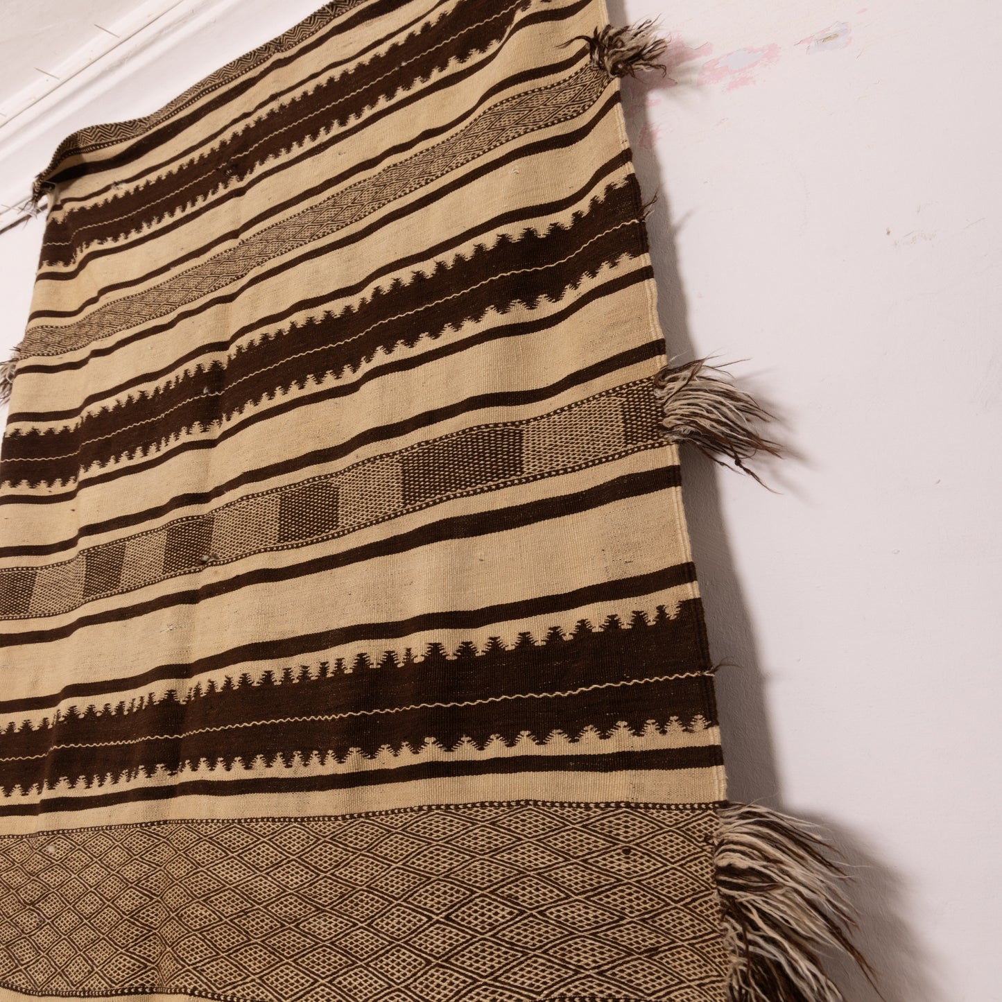 Vintage Moroccan Handwoven Wool Blanket | Berber Striped Throw | Nomadic Kilim Rug ; 11,98 ft / 4,43 ft