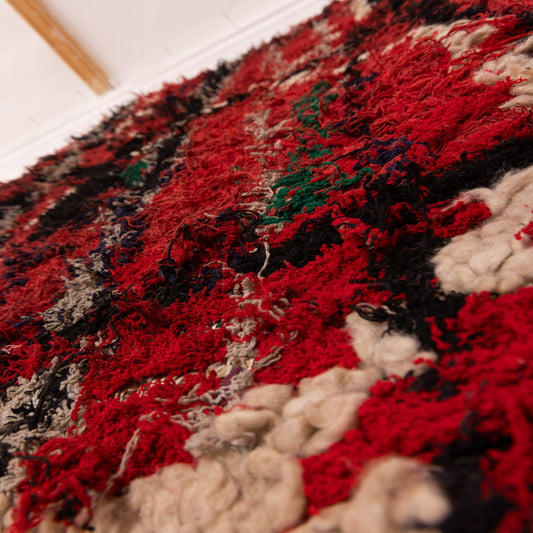 Vintage Boucherouite Moroccan Runner Rug - Red Wool Corridor Carpet with Tribal Grid Motif - Rustic Handwoven Hallway Rug - Boho Decor