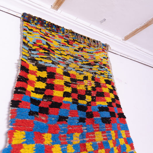 Vintage Moroccan Bjaad Rug – Handwoven Wool Berber Carpet with Vibrant Geometric Checkerboard Design – Bold Bohemian Home Decor