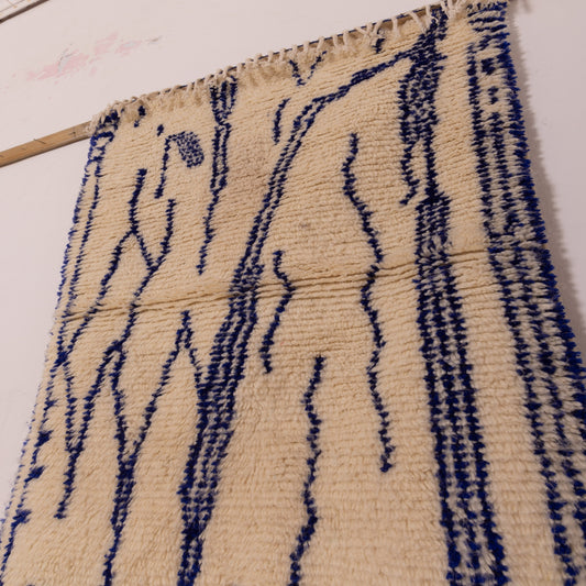 Modern Blue Line Moroccan Azilal Rug - Minimalist Handwoven Wool & Cotton Berber Runner - Contemporary Wall or Floor Decor