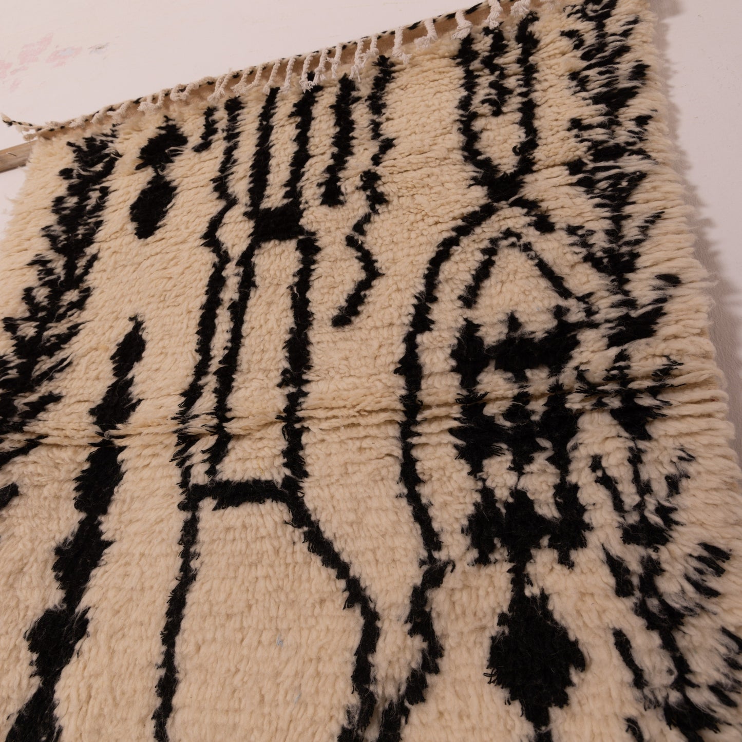 New Azilal Wool and Cotton Rug - Abstract Black Berber Symbols on Cream - Handmade Moroccan Modern Tribal Decor