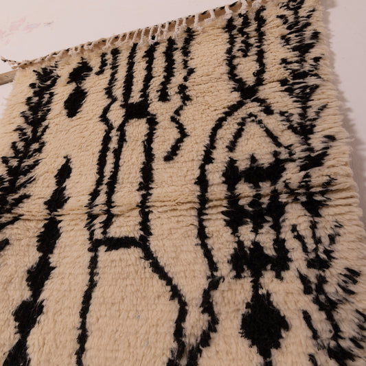 New Azilal Wool and Cotton Rug - Abstract Black Berber Symbols on Cream - Handmade Moroccan Modern Tribal Decor