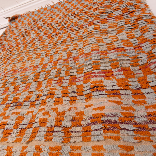 Vintage Moroccan Corridor Rug - Handwoven Wool Runner with Orange & Blue Checkered Pattern -  Berber Narrow Hallway Carpet