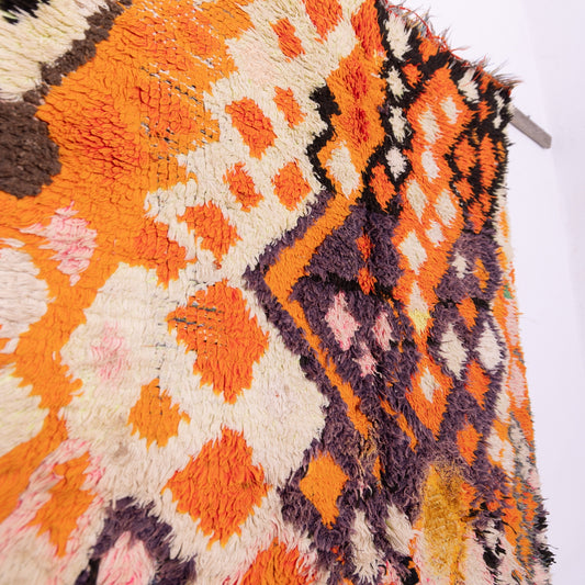 Vintage Moroccan Boucherouite Rug – Handwoven Berber Carpet with Vibrant Orange & Purple Geometric Design