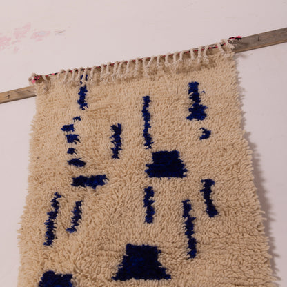 New Handmade Azilal Wool Rug - Bold Blue and Cream Tribal Design - Moroccan Accent for Wall or Floor