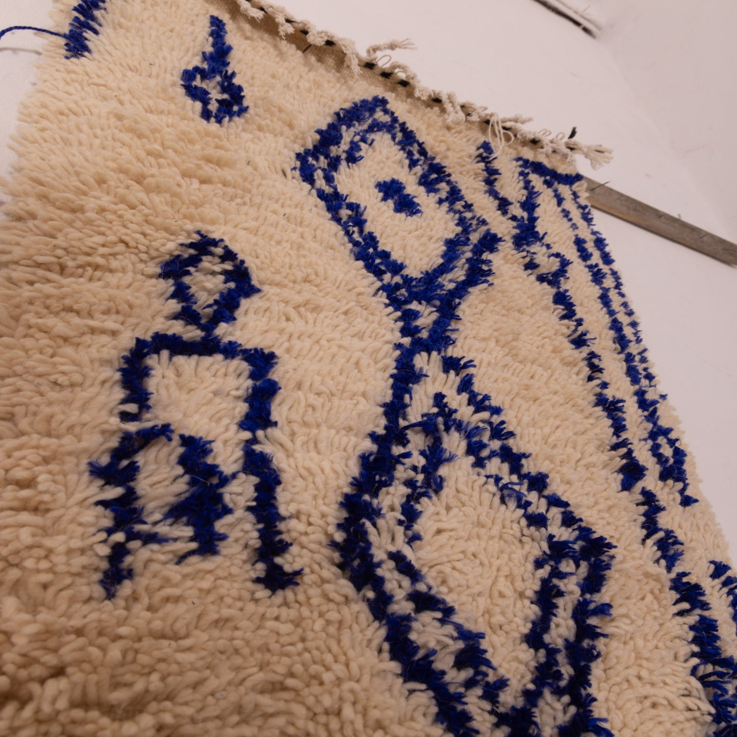 Small Azilal Wool Rug - Blue Geometric Moroccan Handmade Art - 80% Wool 20% Cotton - Mini Berber Wall or Floor Piece