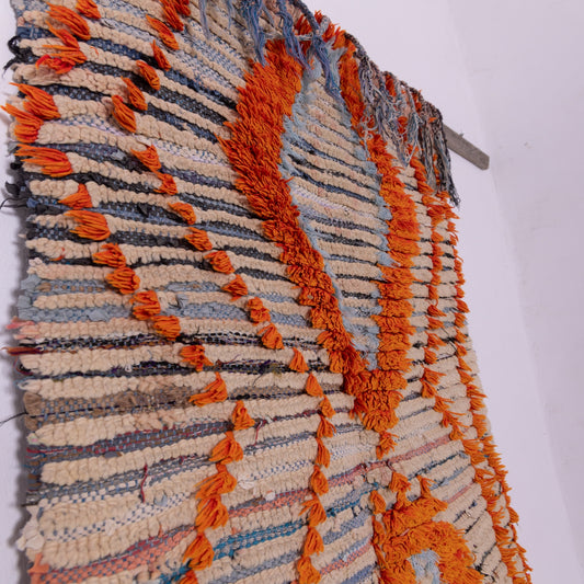Vintage Boujad Rug – Handmade Moroccan Wool Carpet, Beige & Orange Geometric Tribal Design, Boho & Mid-Century Home Decor