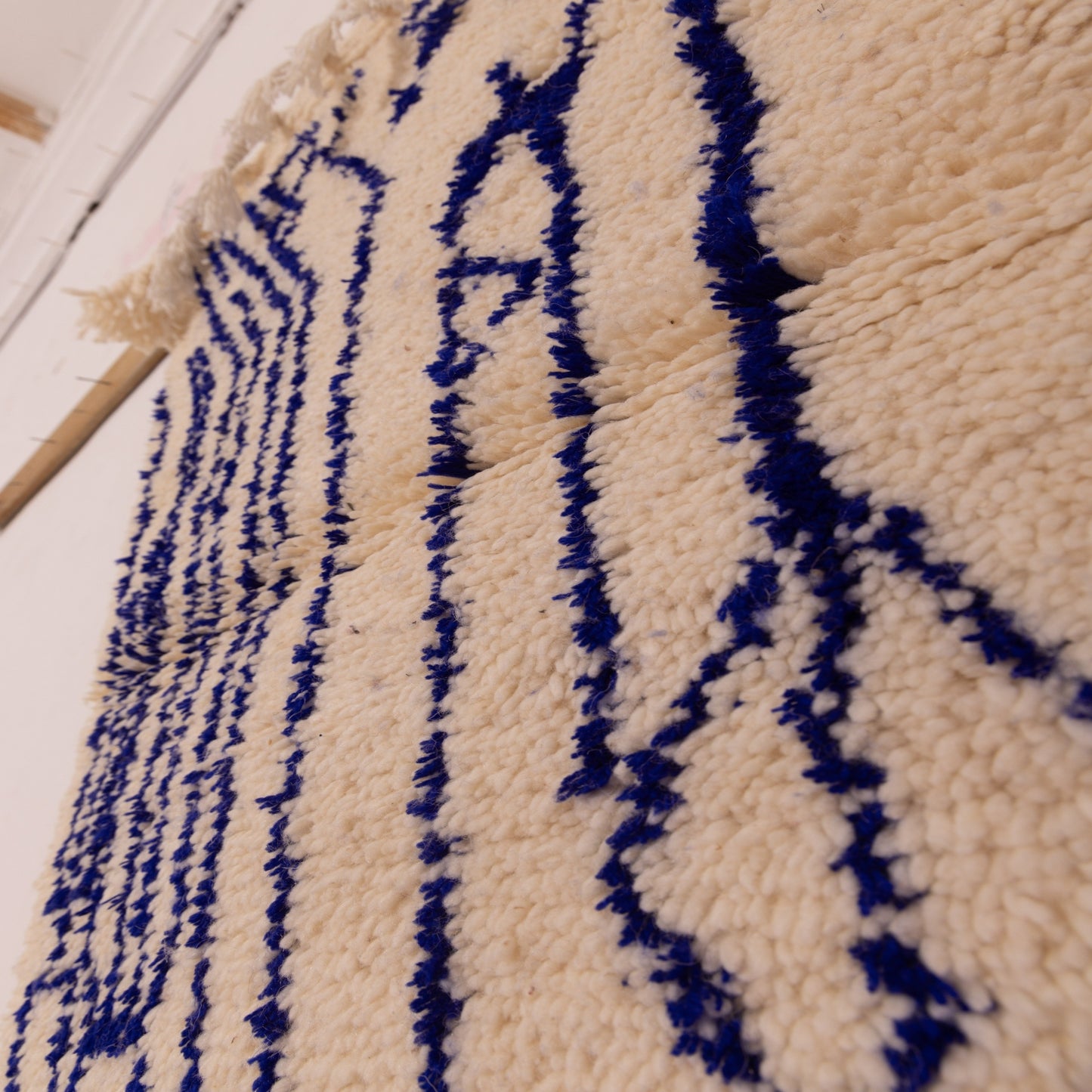 New Handmade Azilal Wool Rug - Abstract Blue Geometric Pattern on Cream - Tribal Berber Art for Wall or Floor