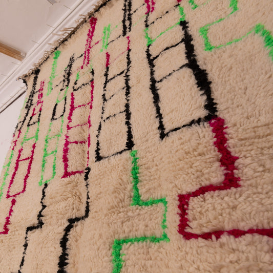 Moroccan Azilal Rug - Neon Geometric Design - Handmade 80% Wool 20% Cotton - Bright Boho Area Rug or Wall Hanging