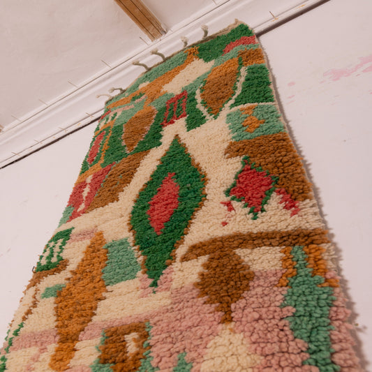 Vintage Moroccan Corridor Runner Rug - Handwoven Wool Carpet - Abstract Geometric Design with Green, Orange & Beige
