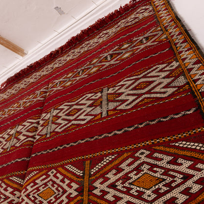 Vintage Moroccan Kilim Rug | Handwoven Berber Wool Carpet | Red Tribal Flatweave ; 8,69 ft / 5,58 ft