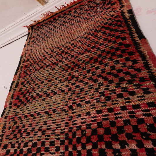 Vintage Moroccan Corridor Runner Rug - Handwoven Wool Carpet - Checkered Geometric Design - Red, Black & Earthy Tones