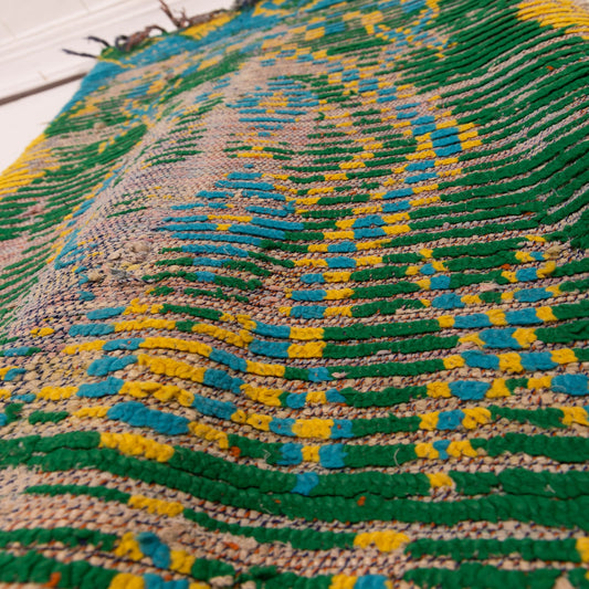 Vintage Moroccan Corridor Runner - Handwoven Tribal Green Rug with Diamond & Stripe Motifs