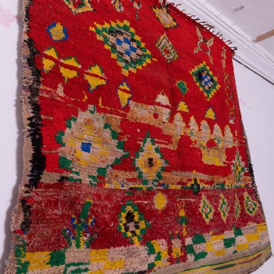 Vintage Moroccan Berber Rug – Handwoven Wool Tapestry with Bold Red & Tribal Motifs – Authentic Bohemian Decor