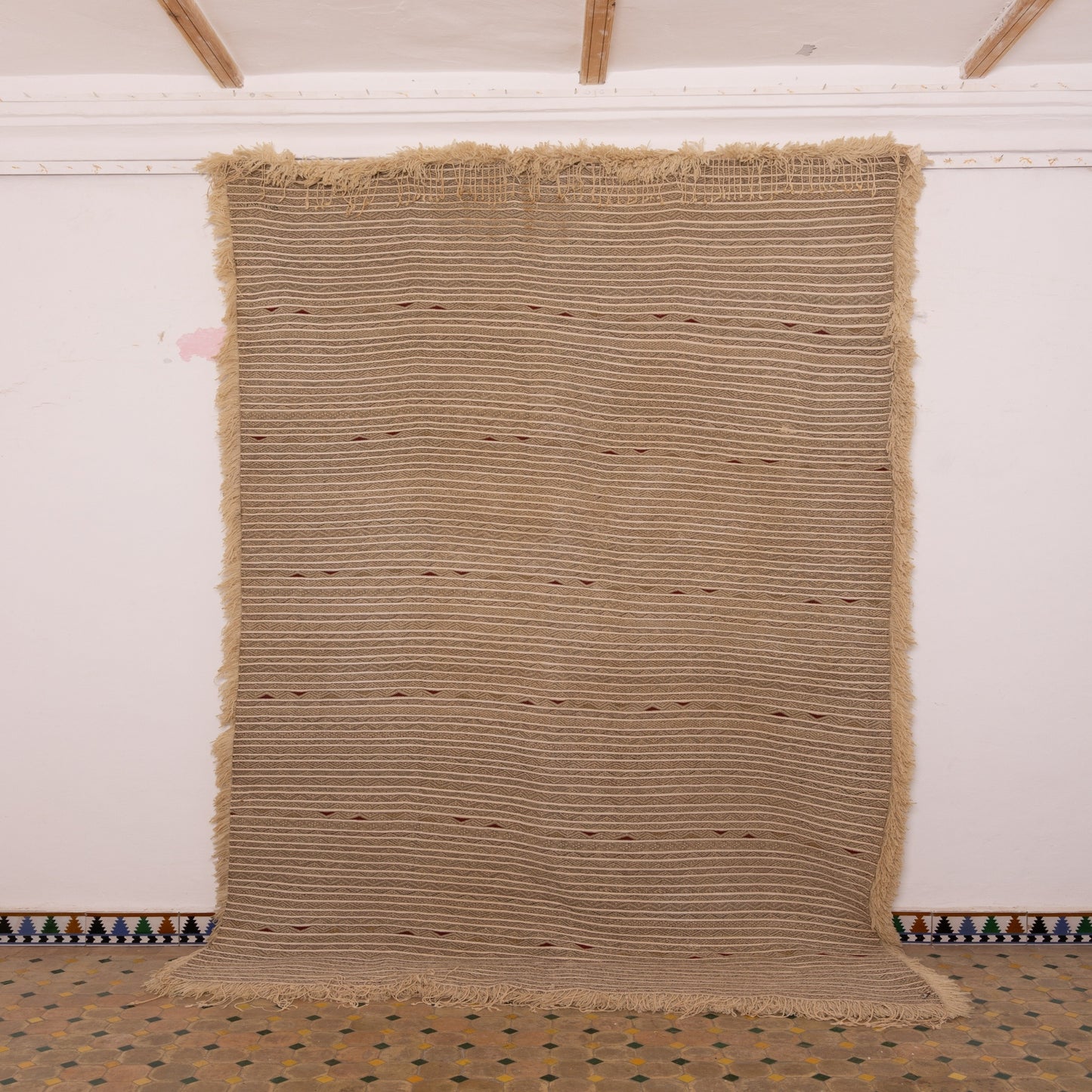 Authentic Vintage Moroccan Handira Rug | Beige Berber Striped Wool Blanket | Handwoven Bohemian Textile ;  10,99 ft / 6,23 ft