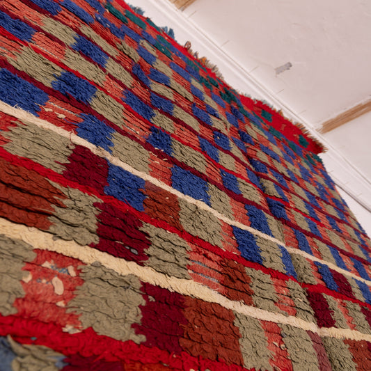 Vintage Moroccan Boucherouite Rug – Handmade Checkered Berber Carpet with Vibrant Colors