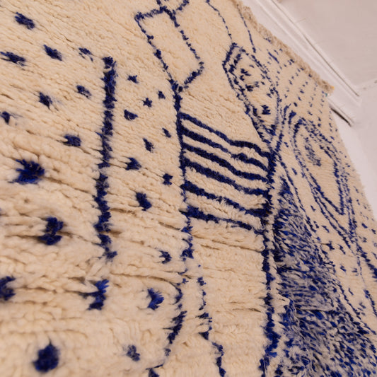 Blue Abstract Azilal Rug - Moroccan Handwoven Wool & Cotton Carpet - Contemporary Berber Art Piece - Mid-Size Boho Rug