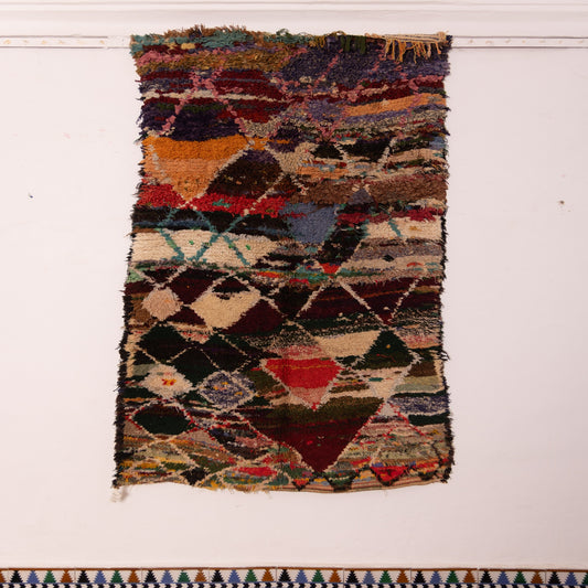 Vintage Moroccan Boucherouite Rug – Handwoven Bohemian Berber Carpet with Bold Geometric Patterns