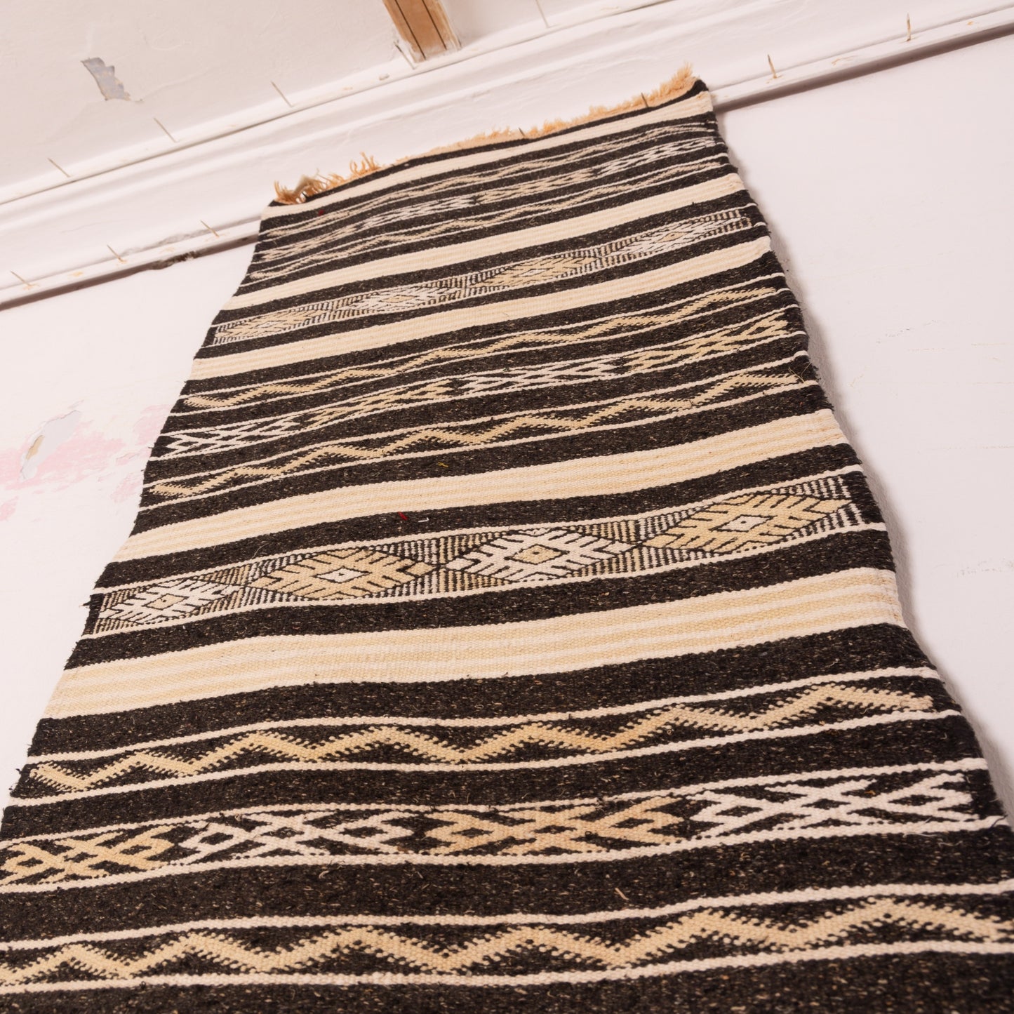 Black & Ivory Wool Corridor Runner - Modern Tribal Elegance