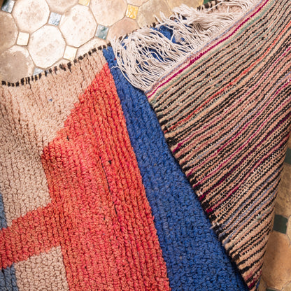 Handwoven Moroccan Wool Runner Rug - Modern Geometric Design - Beige, Blue & Red - 80% Wool 20% Cotton - Vintage