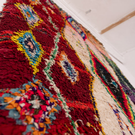 Vintage Moroccan Boucherouite Rug – Handwoven Berber Carpet – Colorful Geometric Diamond Design