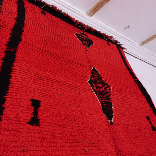 Vintage Moroccan Berber Rug – Handwoven Red & Black Wool Carpet, Bold Tribal Geometric Design, Unique Handmade Talsint Rug, Bohemian Home Décor