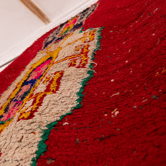 Vintage Moroccan Corridor Rug - Handwoven Red Wool Runner with Tribal Totem Motifs - Berber Hallway Carpet