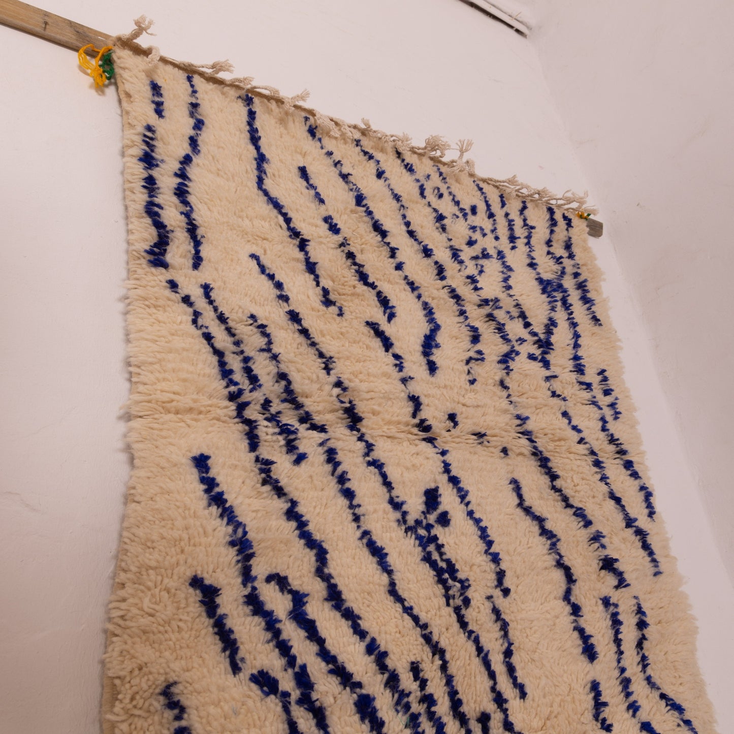 New Handmade Azilal Rug - Abstract Blue Berber Design on Cream - Modern Moroccan Tribal Decor for Wall or Floor