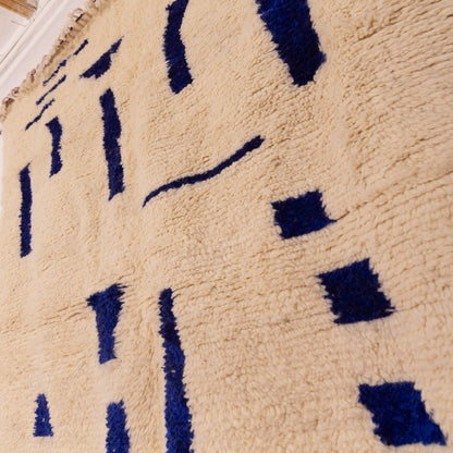 Minimalist Azilal Rug with Indigo Line Pattern - Handmade Moroccan Wool & Cotton Rug - Boho Abstract Carpet