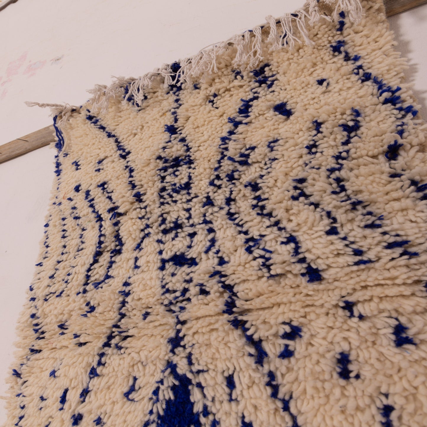 New Handmade Azilal Wool Rug - Blue Abstract Pattern on Cream - Moroccan Modern Decor
